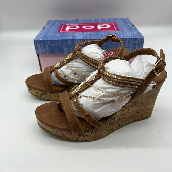 Pop Womens Electricity Wedge Sandals Brown Cognac Size 10M - Picture 3 of 11